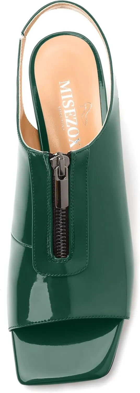 Womens Pumps, Square Peep Toe Mid Block Heel Slingback Pumps for Women, Open Toe Backless Pumps with Front Zipper 2