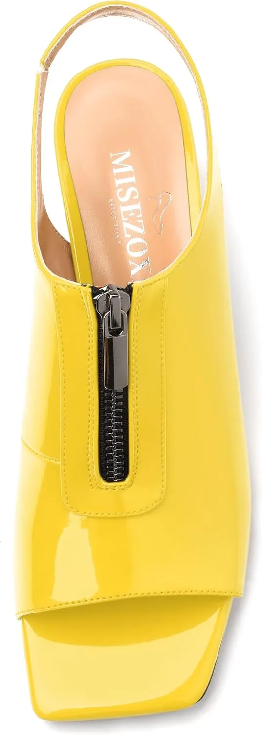 Womens Pumps, Square Peep Toe Mid Block Heel Slingback Pumps for Women, Open Toe Backless Pumps with Front Zipper 2