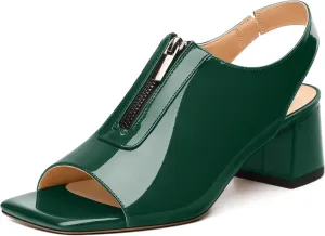 Womens Pumps, Square Peep Toe Mid Block Heel Slingback Pumps for Women, Open Toe Backless Pumps with Front Zipper 2