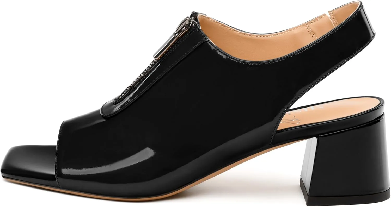 Womens Pumps, Square Peep Toe Mid Block Heel Slingback Pumps for Women, Open Toe Backless Pumps with Front Zipper 2