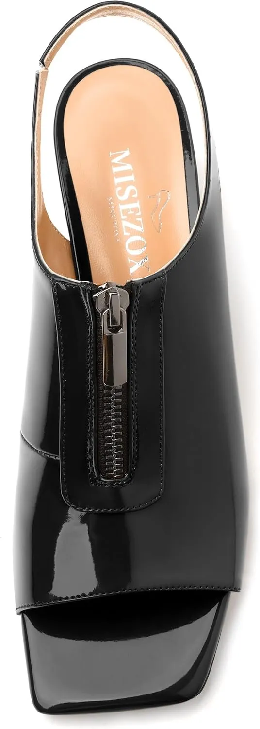 Womens Pumps, Square Peep Toe Mid Block Heel Slingback Pumps for Women, Open Toe Backless Pumps with Front Zipper 2