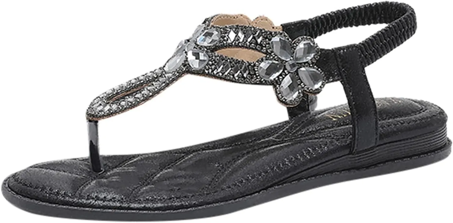Women's Rhinestone Thong Flat Sandals Elastic Ankle Strap Bohemian Dressy Sandals for Women T-Strap Beaded Flower Rhinestone Flat Sandal Dress Beach Shoes Comfortable Lightweight Wedding Sandal