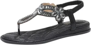 Women's Rhinestone Thong Flat Sandals Elastic Ankle Strap Bohemian Dressy Sandals for Women T-Strap Beaded Flower Rhinestone Flat Sandal Dress Beach Shoes Comfortable Lightweight Wedding Sandal