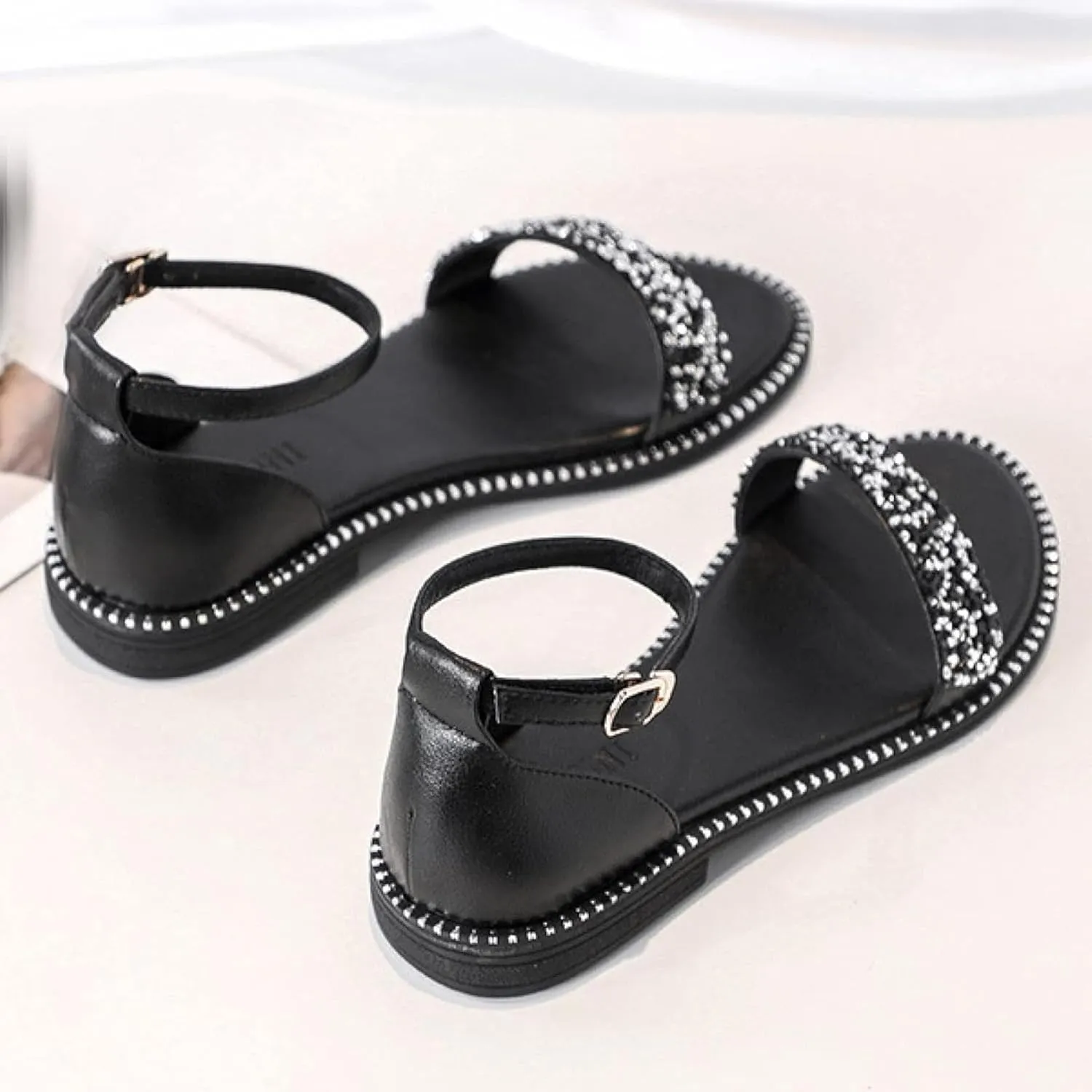 Women's Roman Ankle Strap Sandals Round Rhinestones Sparkling Backless Low Heel Fairy Storm Fashion Beach Sandals