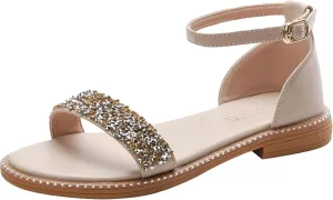 Women's Roman Ankle Strap Sandals Round Rhinestones Sparkling Backless Low Heel Fairy Storm Fashion Beach Sandals