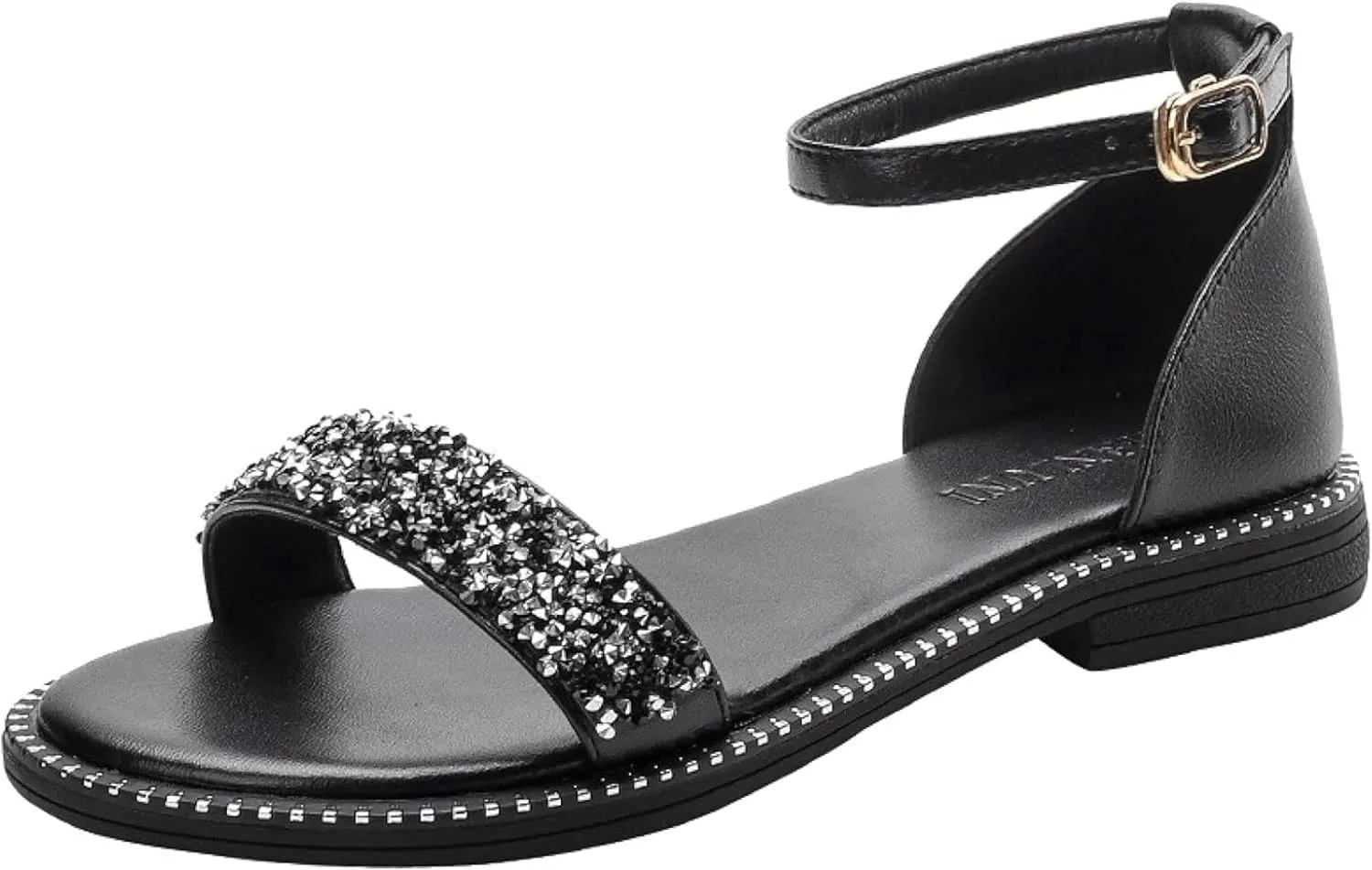 Women's Roman Ankle Strap Sandals Round Rhinestones Sparkling Backless Low Heel Fairy Storm Fashion Beach Sandals