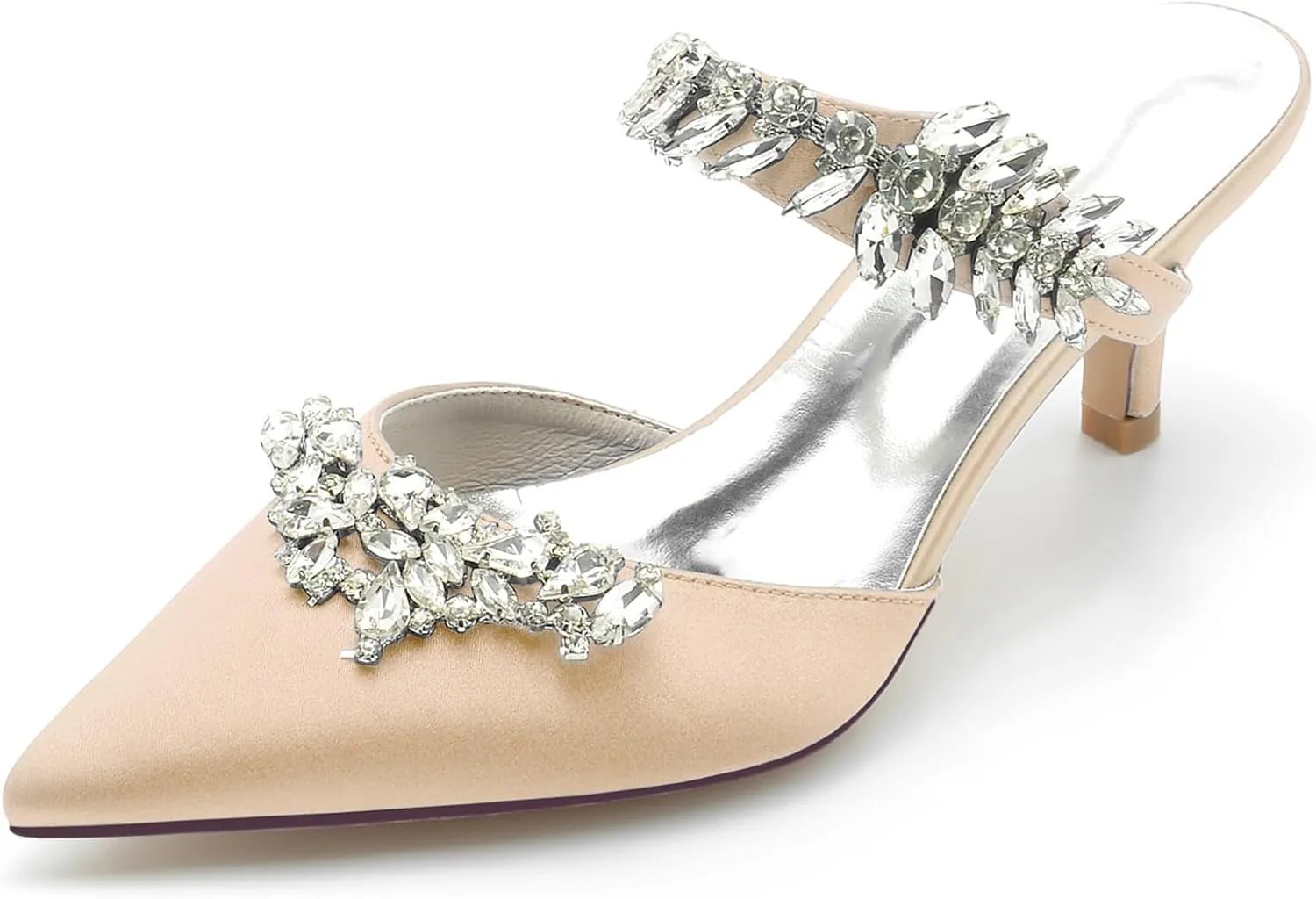 Women's Satin Rhinestone Heels Bridal Shoes Slingback Pointed Toe Wedding Party Dress Shoes Pumps Closed