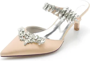 Women's Satin Rhinestone Heels Bridal Shoes Slingback Pointed Toe Wedding Party Dress Shoes Pumps Closed