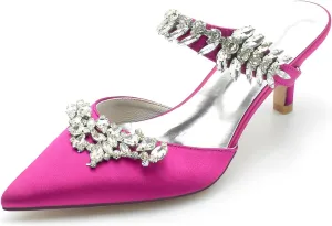 Women's Satin Rhinestone Heels Bridal Shoes Slingback Pointed Toe Wedding Party Dress Shoes Pumps Closed