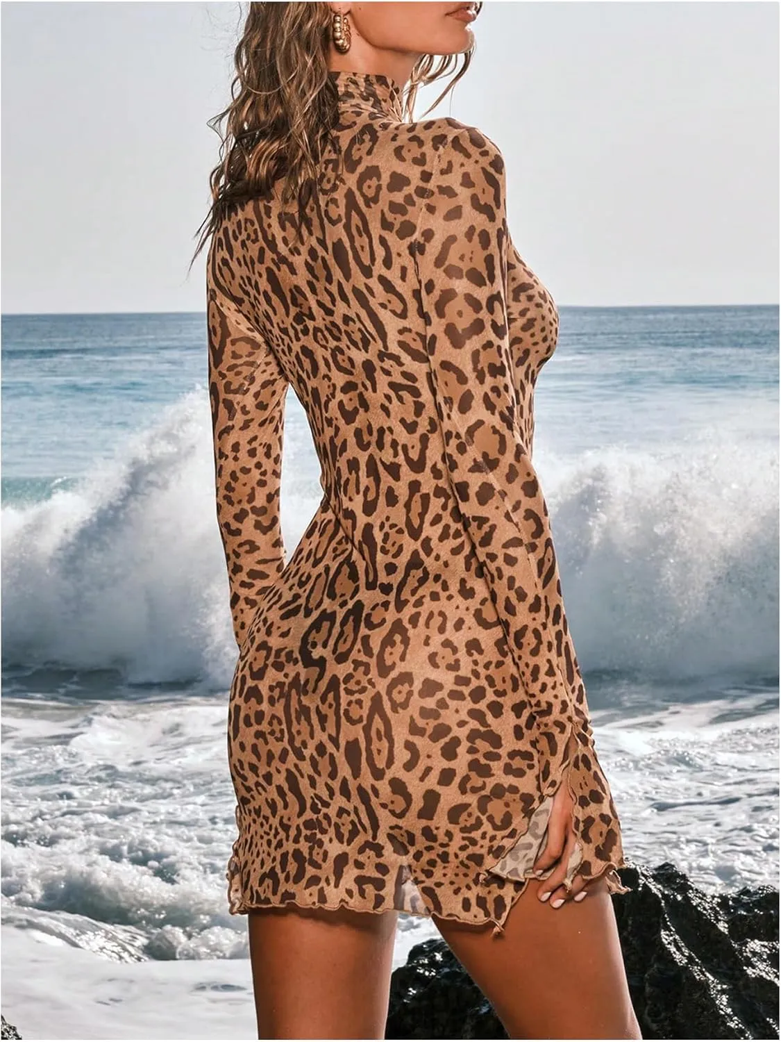 Women's See Through Sheer Mesh Lace Mini Dress Mock Neck Long Sleeve Bodycon Dresses