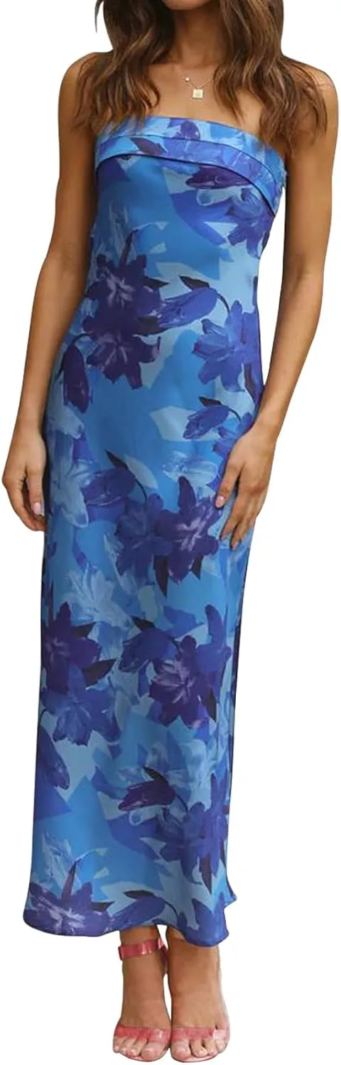 Women's Sexy Satin Tube Maxi Dress Elegant Silk Strapless Open Back Party Cocktail Wedding Guest Formal Long Dresses