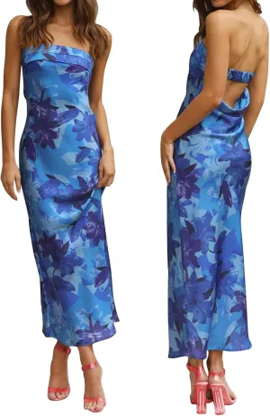 Women's Sexy Satin Tube Maxi Dress Elegant Silk Strapless Open Back Party Cocktail Wedding Guest Formal Long Dresses