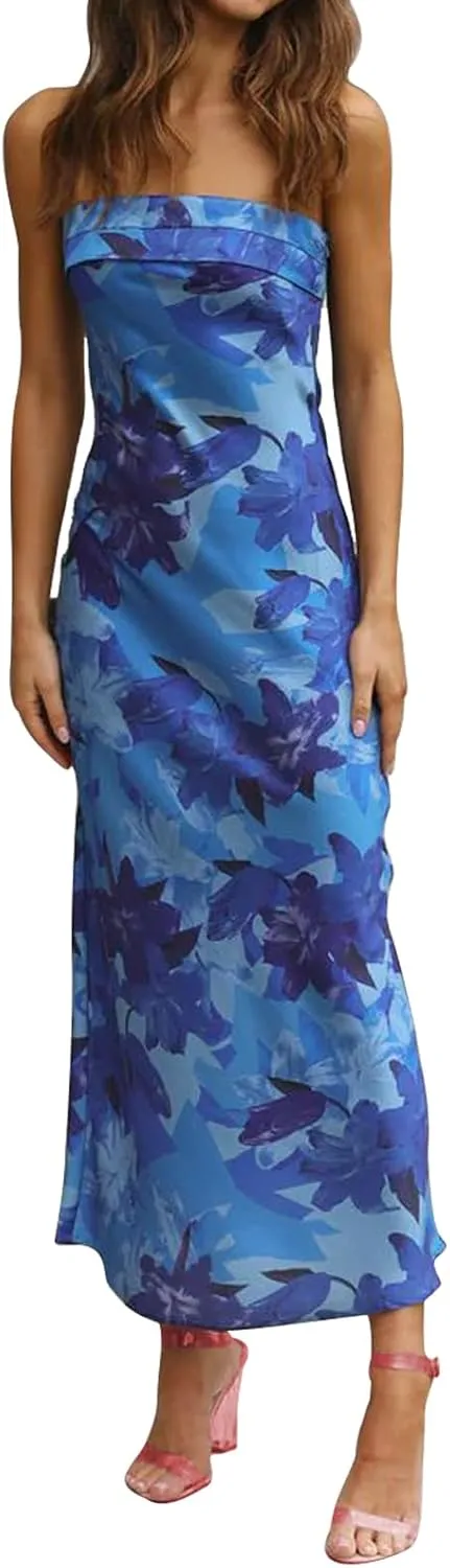 Women's Sexy Satin Tube Maxi Dress Elegant Silk Strapless Open Back Party Cocktail Wedding Guest Formal Long Dresses
