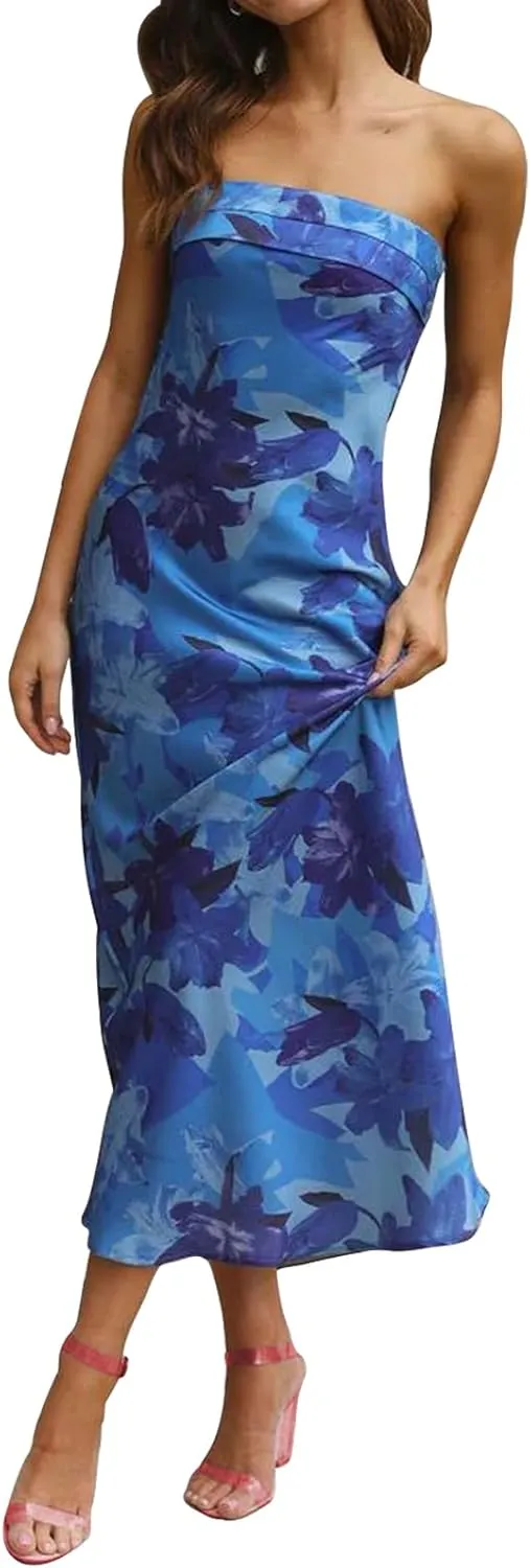 Women's Sexy Satin Tube Maxi Dress Elegant Silk Strapless Open Back Party Cocktail Wedding Guest Formal Long Dresses