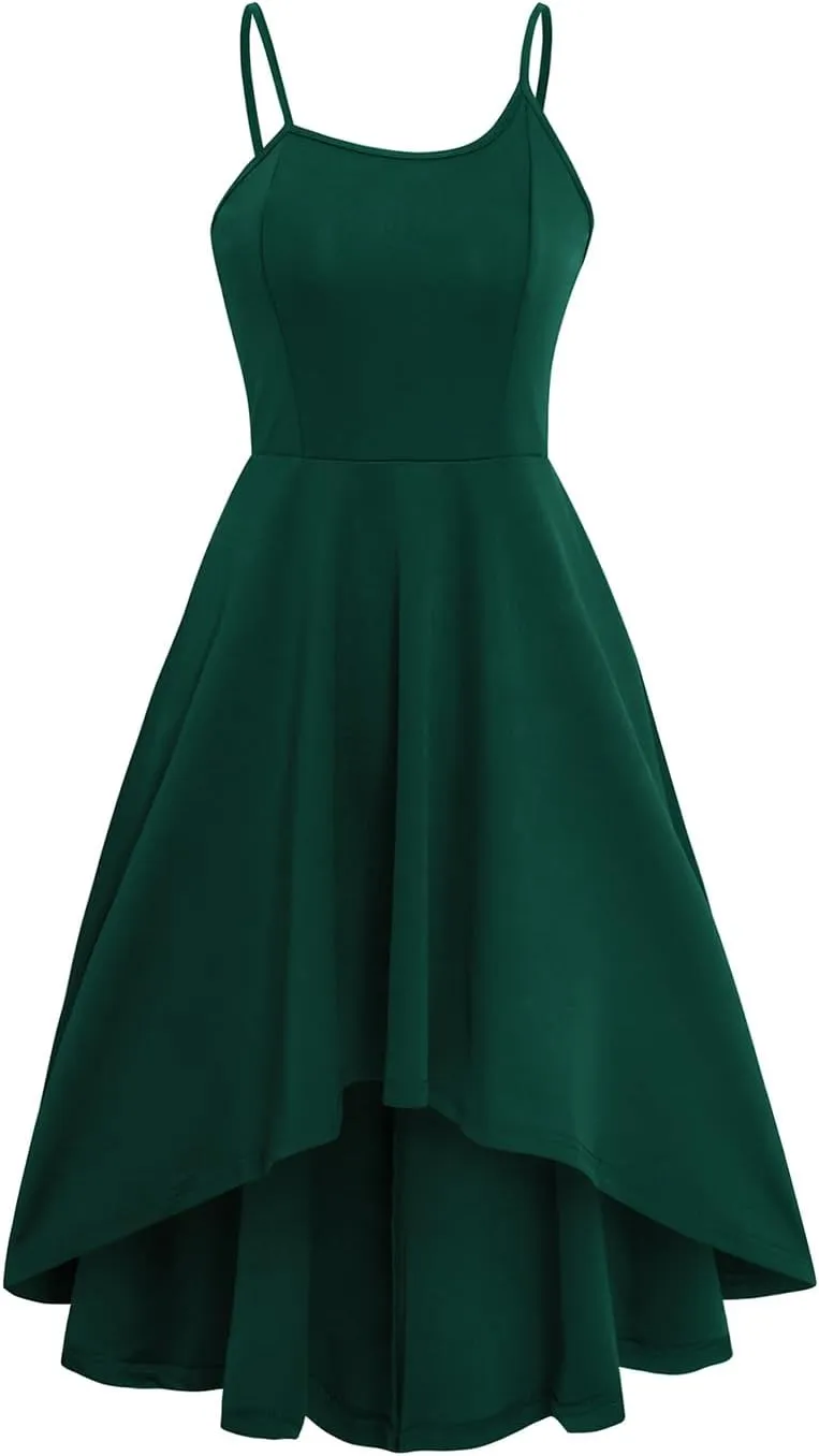 Womens Sexy Spaghetti Strap Cocktail Skater Dress High Low Sleeveless Backless Swing Dresses Club Party Retro Vintage Dress