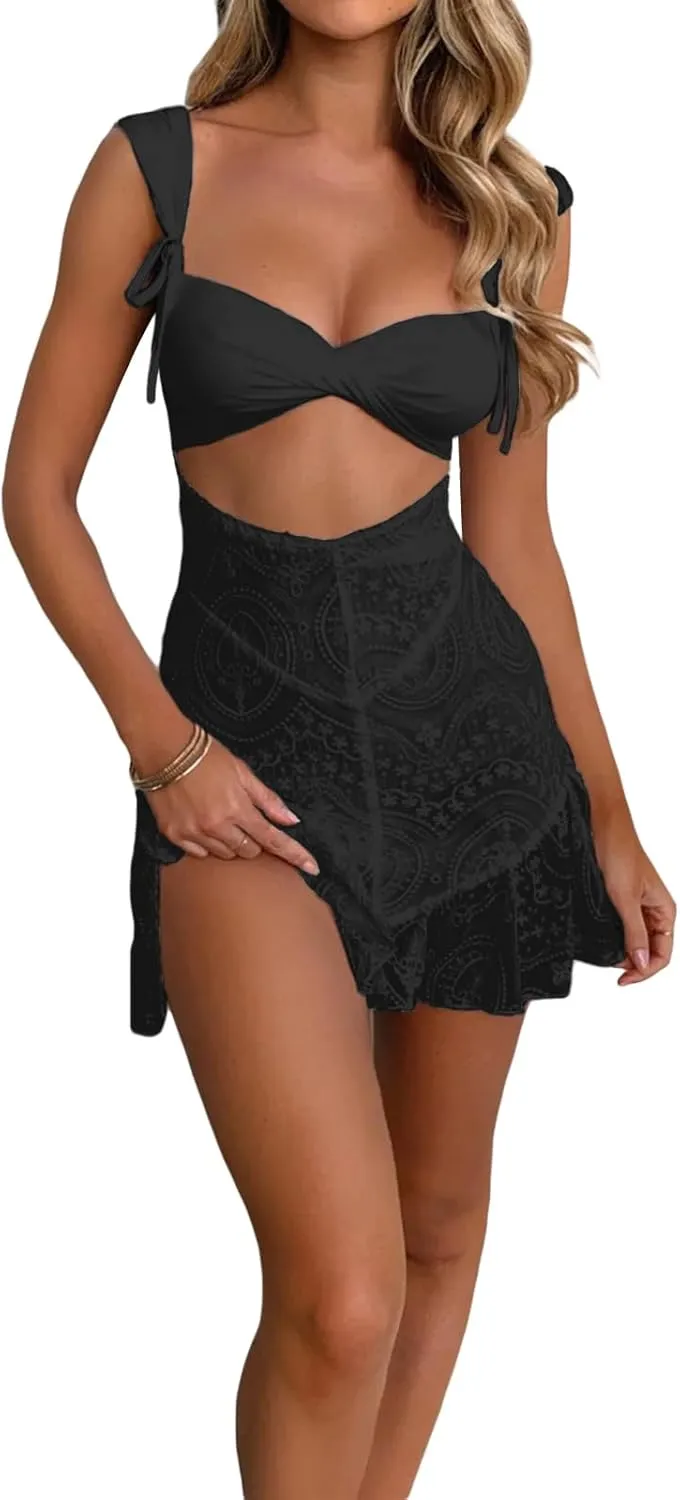 Women's Sexy Summer Mini Dress Sleeveless Backless Lace Trim Short Dress Hollow Out Back Tie-up Party Dress