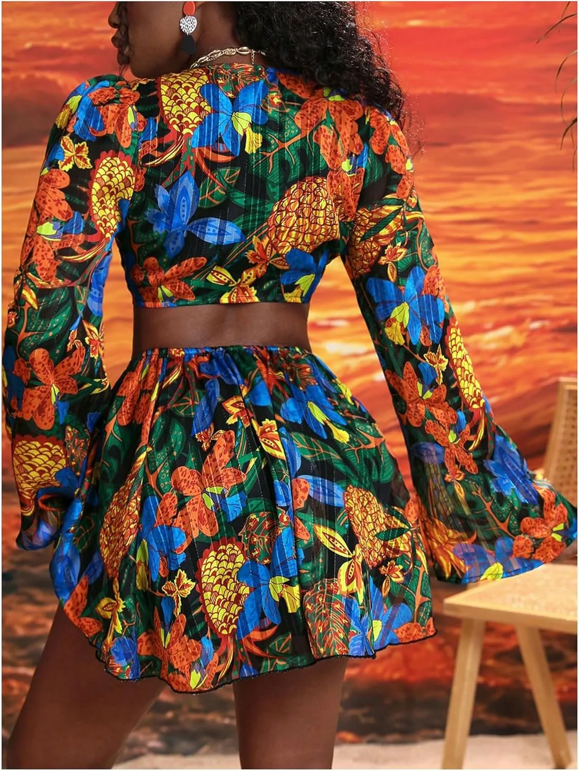 Women's Sexy Summer Tropical Mini Dress Y2K Deep V Cut Out Dresses Long Bell Sleeve Vacation Tie Front Sundress