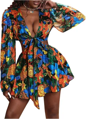Women's Sexy Summer Tropical Mini Dress Y2K Deep V Cut Out Dresses Long Bell Sleeve Vacation Tie Front Sundress