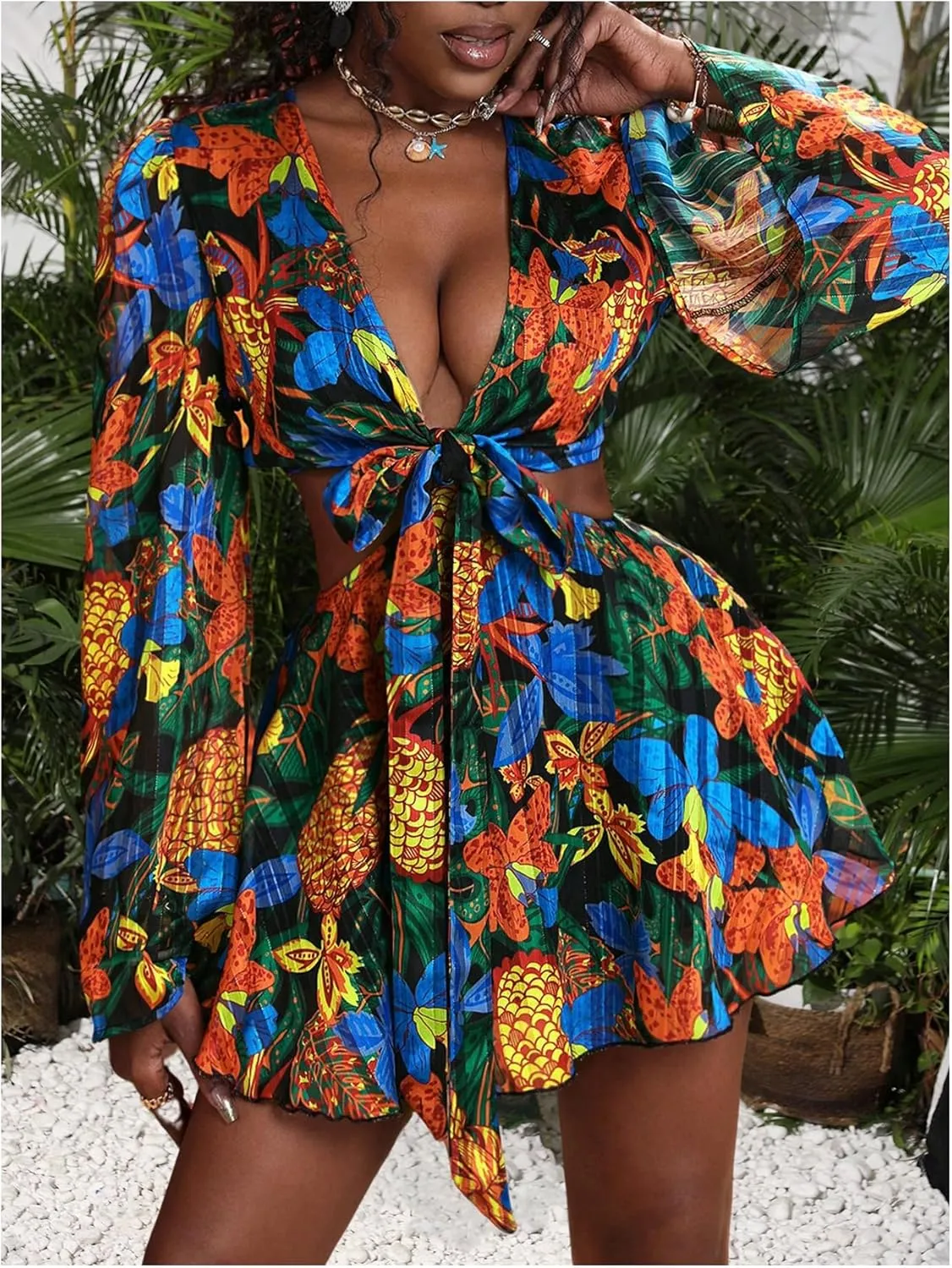 Women's Sexy Summer Tropical Mini Dress Y2K Deep V Cut Out Dresses Long Bell Sleeve Vacation Tie Front Sundress