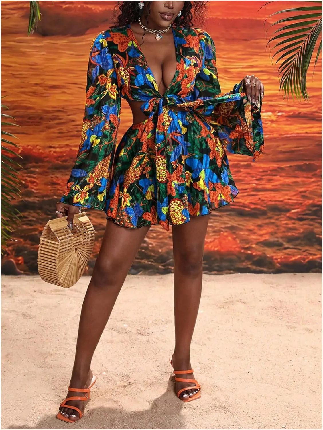 Women's Sexy Summer Tropical Mini Dress Y2K Deep V Cut Out Dresses Long Bell Sleeve Vacation Tie Front Sundress