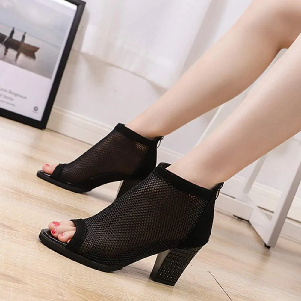 Women’s Shoes 1 Pair lace peep toe block Peep Toe Chuky High Heels Sandal block heel shoes mesh high heel buckle sandal Low sandals wedge High Heels for Women summer women's Boots