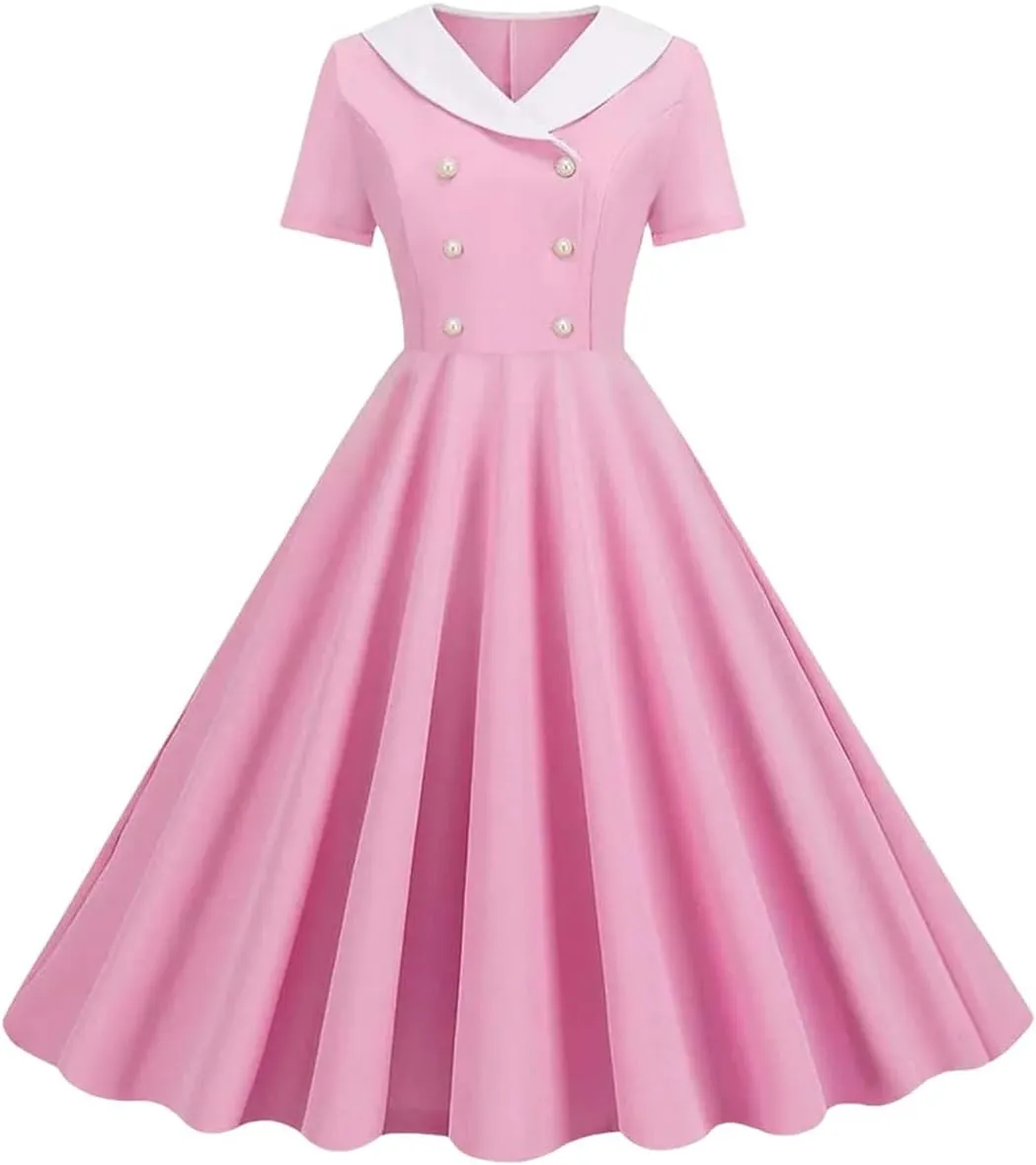 Women's Short Sleeve Lapel Midi Dress High Waist Solid Color Party Dress Summer Casual Sundress