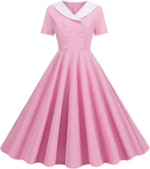 Women's Short Sleeve Lapel Midi Dress High Waist Solid Color Party Dress Summer Casual Sundress