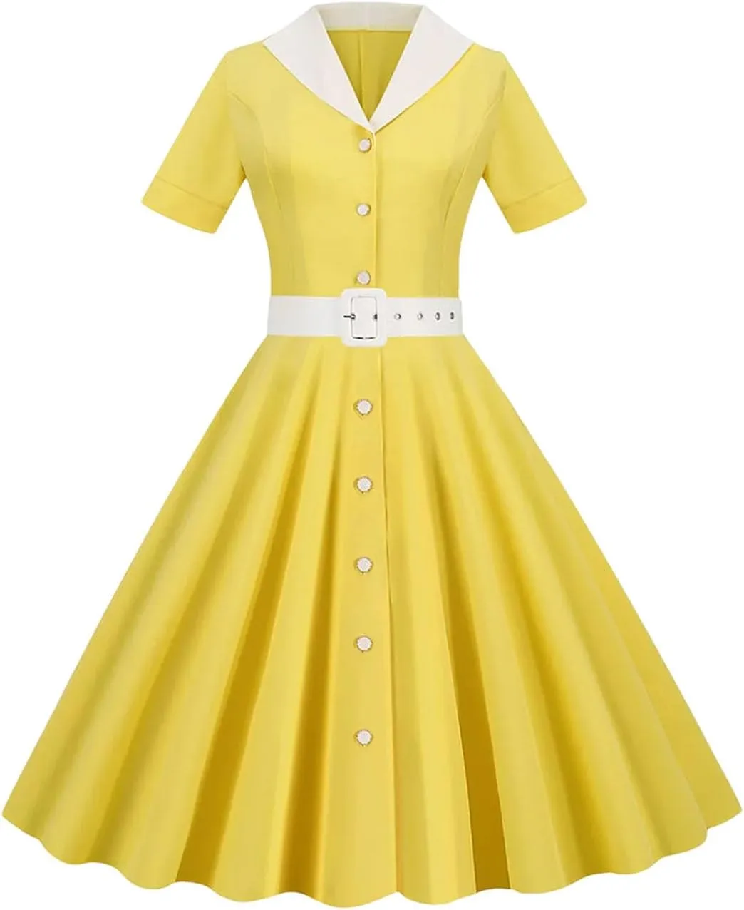 Women's Short Sleeve V Neck High Waist Midi Dress Summer Casual Party Prom A Line Dresses Yellow