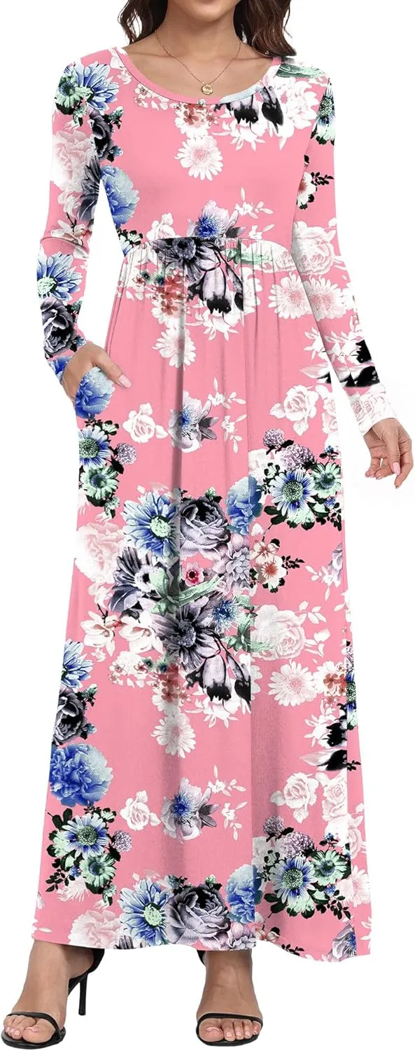 Women's Short/Long Sleeve Loose Plain Long Maxi Casual Dresses with Pockets