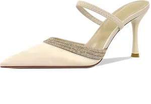 Women's Silk Rhinestone Closed Pointed Toe Stiletto Mules with Strap Sexy Backless Comfortable Non-Slip Slip on Dress Pumps Weending Party Causal Sandals