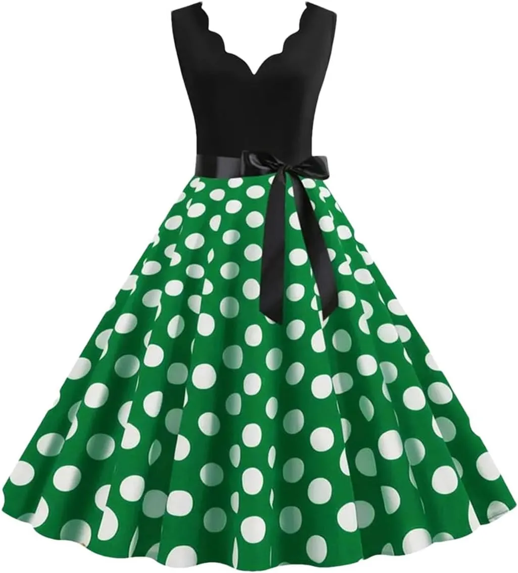 Women's Sleevelss Polka Dots Dress Elegant Party Long Dress Casual Office A Line Dresses