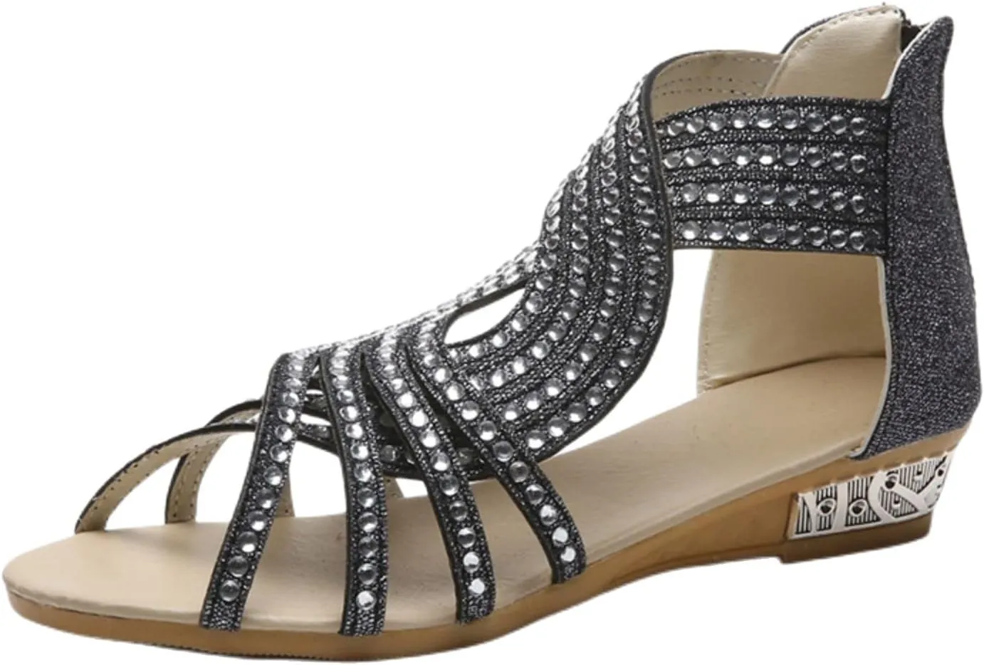 Womens Slide Wedge Sandal Crystal Rhinestone Fish Mouth Dressy Bling Sparkly Thong Sandals Arch Supports Casual Walking Comfortable Slip on Fashion Boho Shoes