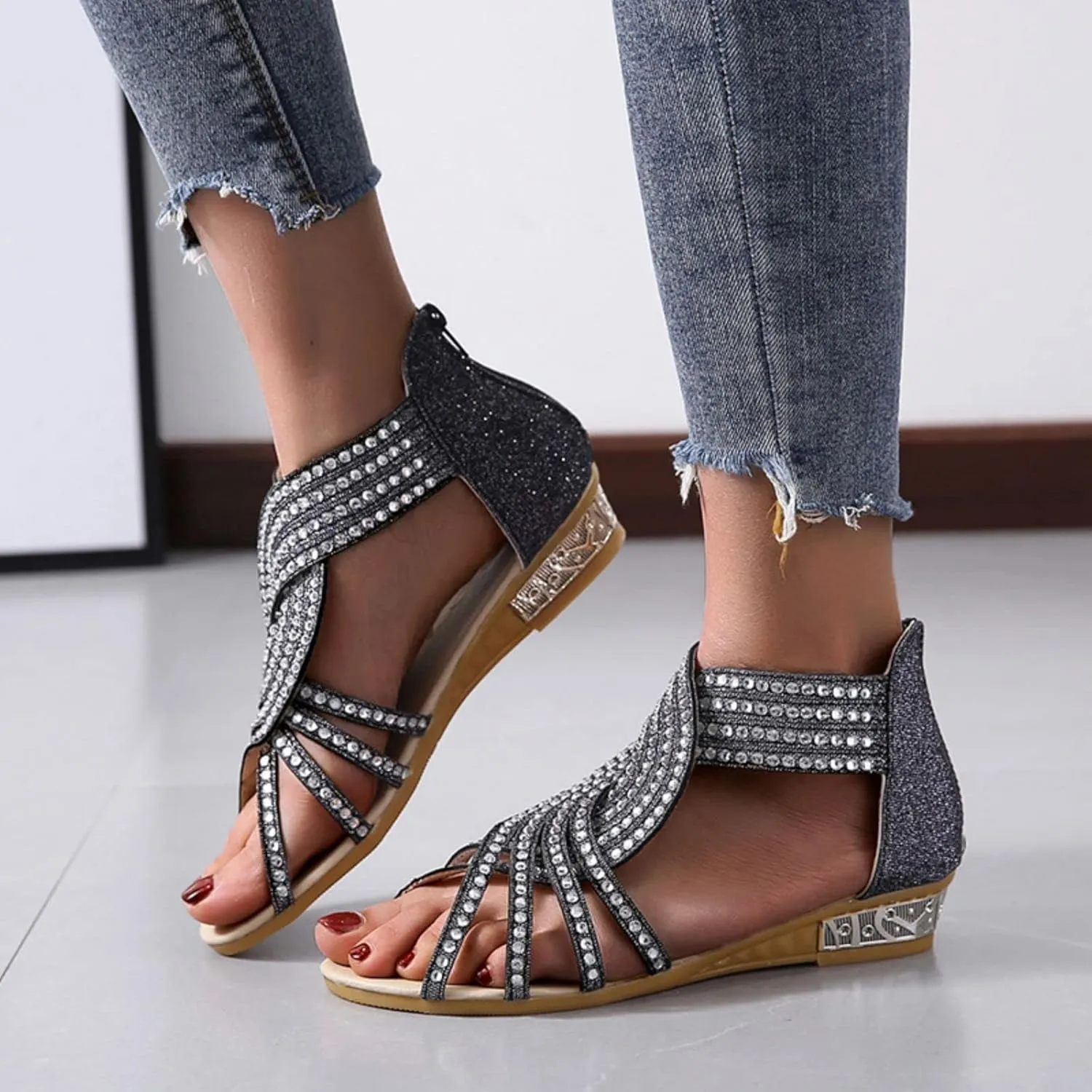 Womens Slide Wedge Sandal Crystal Rhinestone Fish Mouth Dressy Bling Sparkly Thong Sandals Arch Supports Casual Walking Comfortable Slip on Fashion Boho Shoes