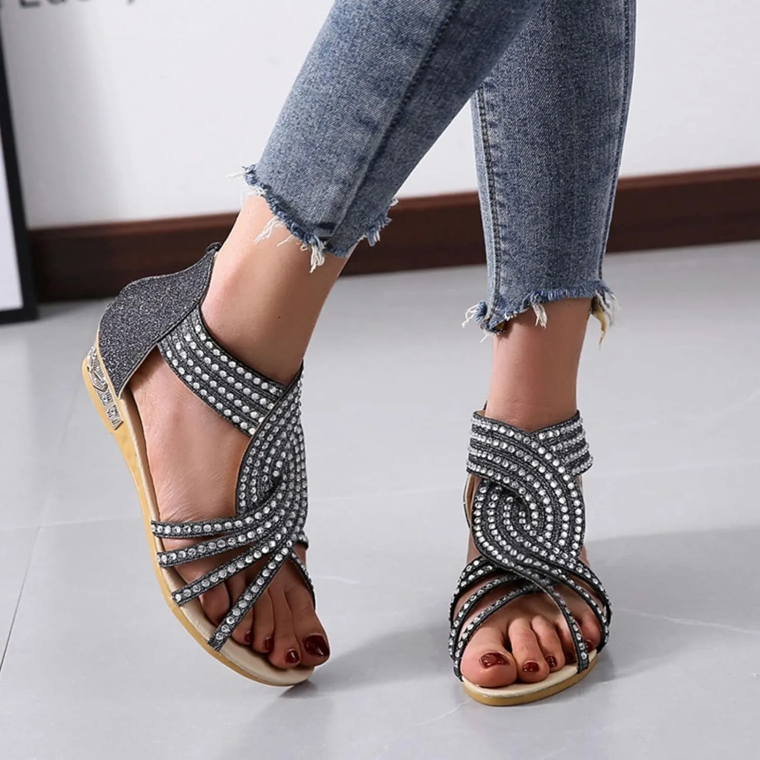 Womens Slide Wedge Sandal Crystal Rhinestone Fish Mouth Dressy Bling Sparkly Thong Sandals Arch Supports Casual Walking Comfortable Slip on Fashion Boho Shoes