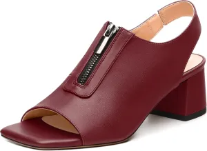 Womens Slingback Pumps, Square Peep Toe Mid Chunky Heel Pumps for Women, Open Toe Backless Pumps with Front Zipper 2