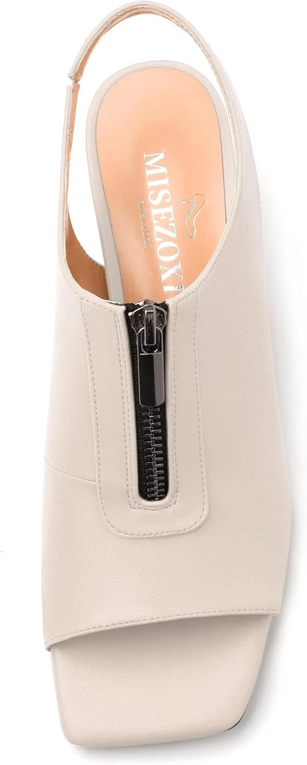 Womens Slingback Pumps, Square Peep Toe Mid Chunky Heel Pumps for Women, Open Toe Backless Pumps with Front Zipper 2