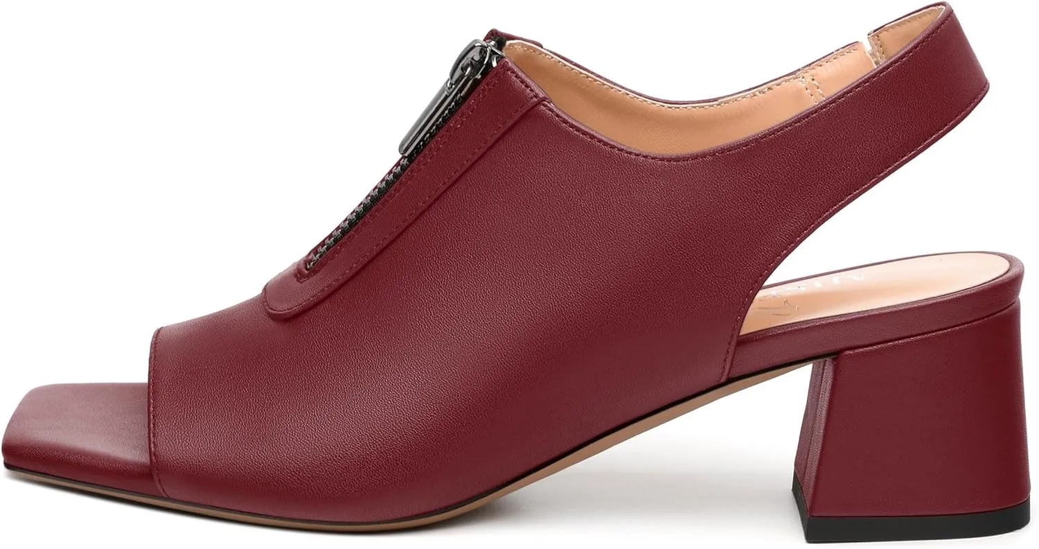 Womens Slingback Pumps, Square Peep Toe Mid Chunky Heel Pumps for Women, Open Toe Backless Pumps with Front Zipper 2