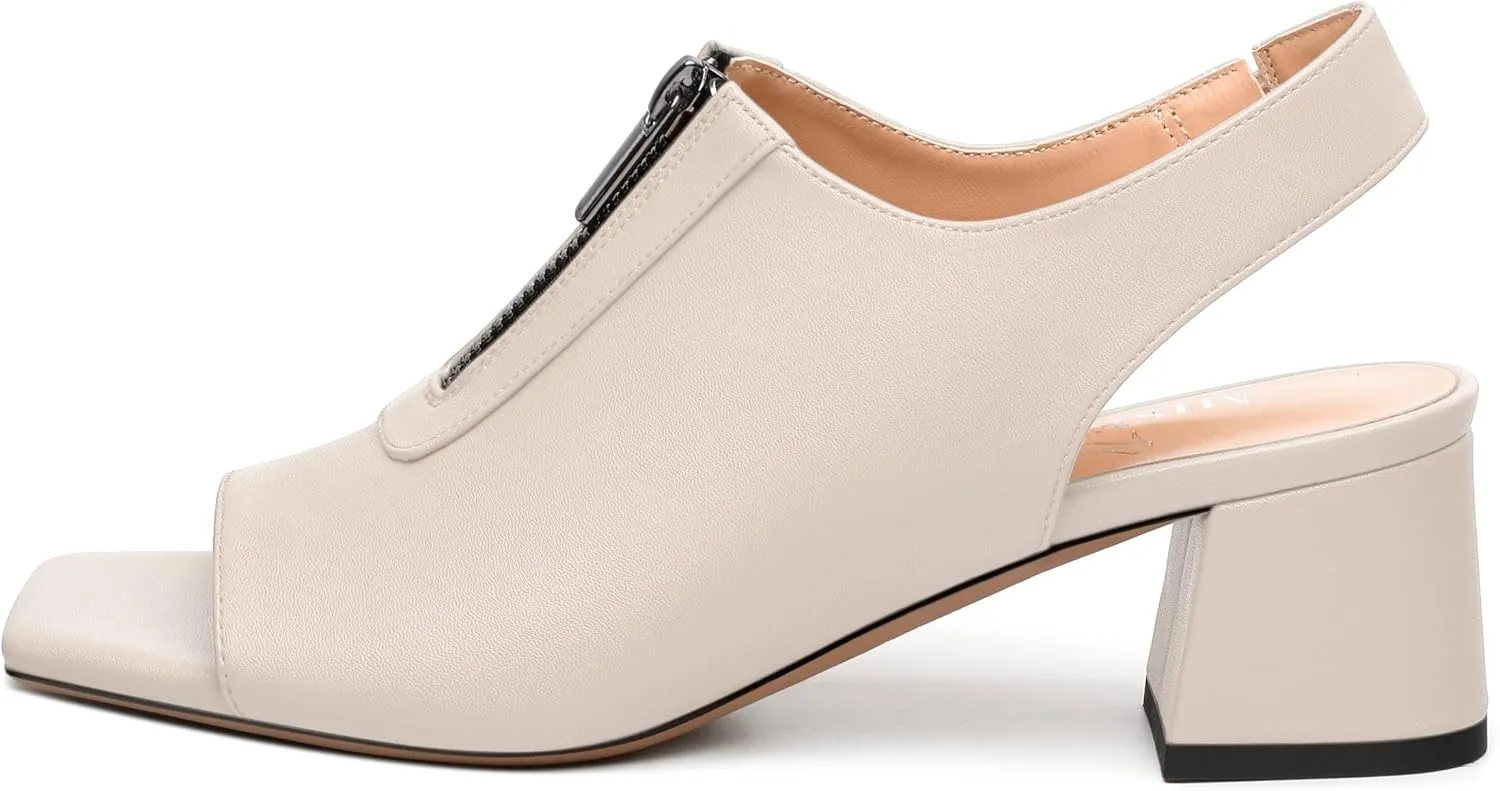 Womens Slingback Pumps, Square Peep Toe Mid Chunky Heel Pumps for Women, Open Toe Backless Pumps with Front Zipper 2
