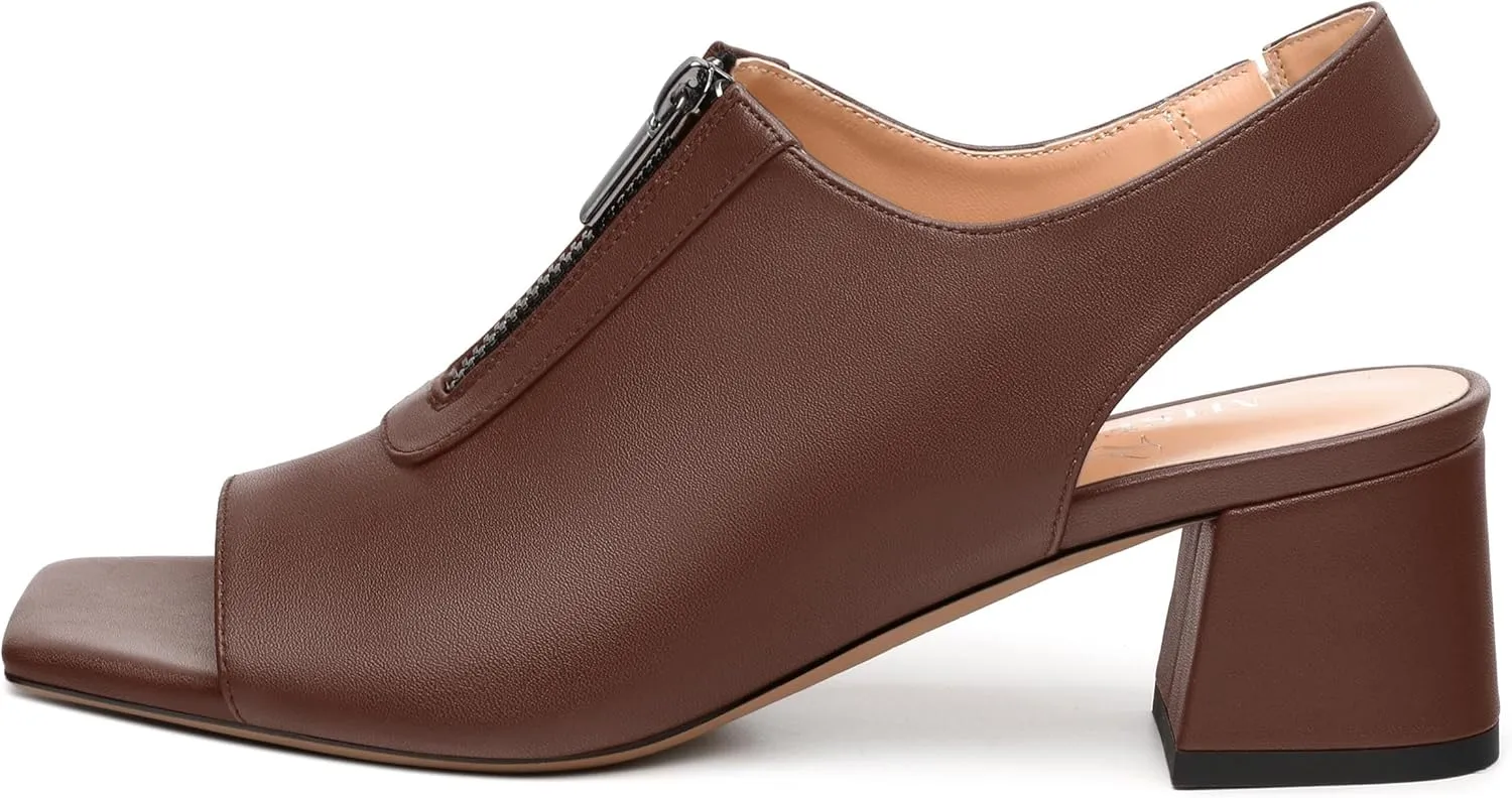 Womens Slingback Pumps, Square Peep Toe Mid Chunky Heel Pumps for Women, Open Toe Backless Pumps with Front Zipper 2