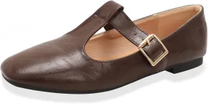 Women's Slip On T-Strap Mary Jane Flats Low Chunky Heel Comfy PU Round Toe Flat Shoes for Women Work Dressy Closed Toe Adjustable Strap Ballet Flats