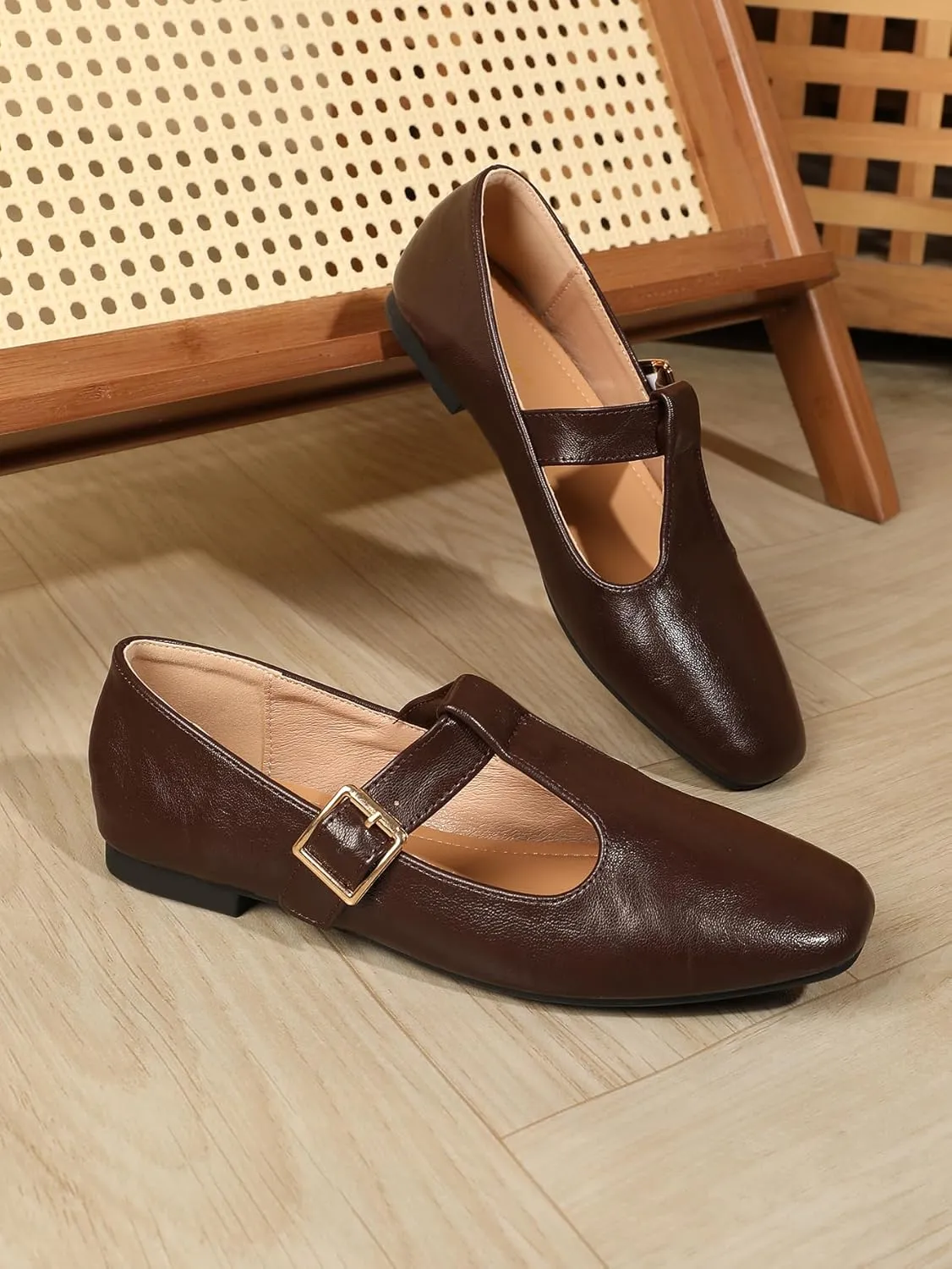 Women's Slip On T-Strap Mary Jane Flats Low Chunky Heel Comfy PU Round Toe Flat Shoes for Women Work Dressy Closed Toe Adjustable Strap Ballet Flats