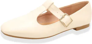 Women's Slip On T-Strap Mary Jane Flats Low Chunky Heel Comfy PU Round Toe Flat Shoes for Women Work Dressy Closed Toe Adjustable Strap Ballet Flats