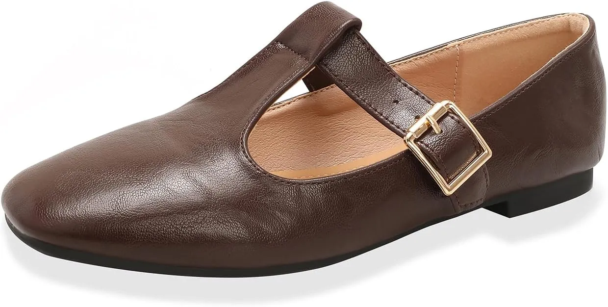 Women's Slip On T-Strap Mary Jane Flats Low Chunky Heel Comfy PU Round Toe Flat Shoes for Women Work Dressy Closed Toe Adjustable Strap Ballet Flats