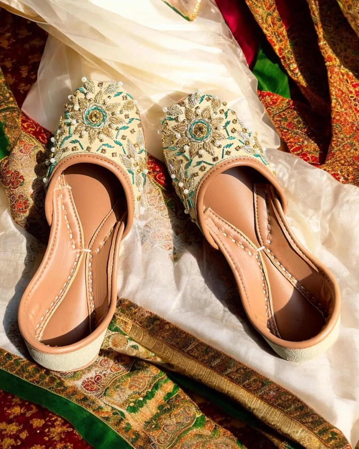 Women's Slip On Traditional Handmade Khussa Bridal Mojari Punjabi Jutti Ethnic Ballet Flats