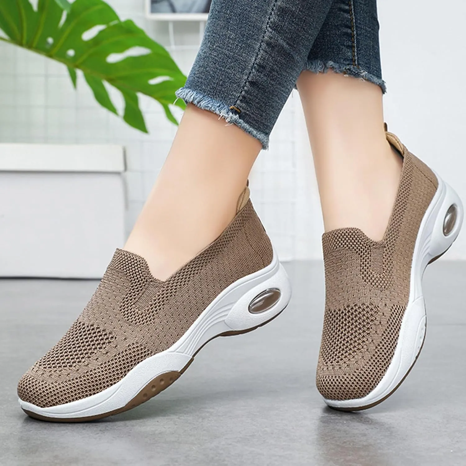 Womens Slip On Walking Shoes Comfortable Air Cushion Athletic Trainers Shoes Breathable Mesh Casual Running Tennis Sneaker for Women