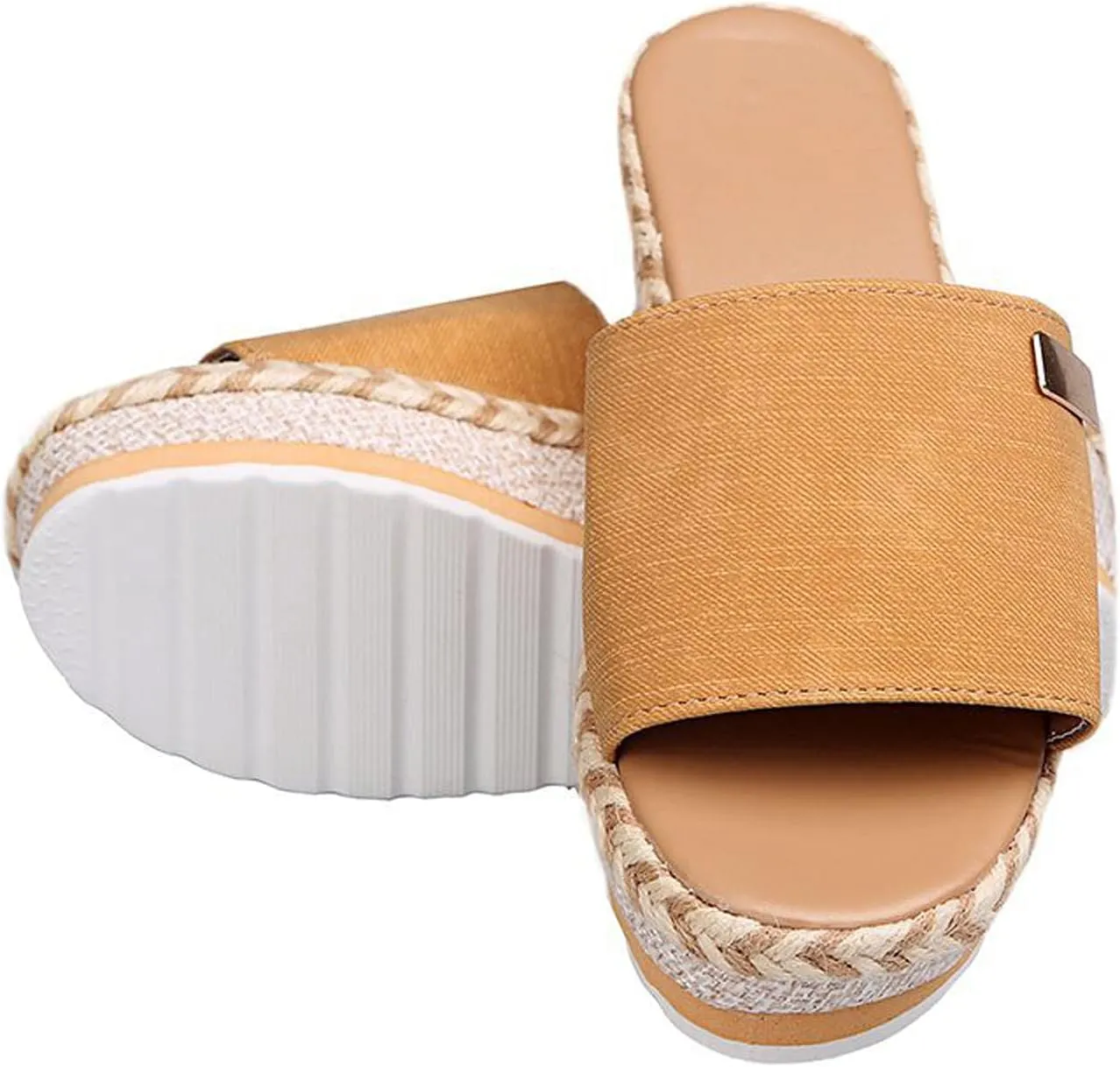 Womens Slip on Wedge Sandals Open Toed Fish Mouth Platform Metal Decoration Slipper Summer Comfortable Casual Beach Shoes Flip Flops