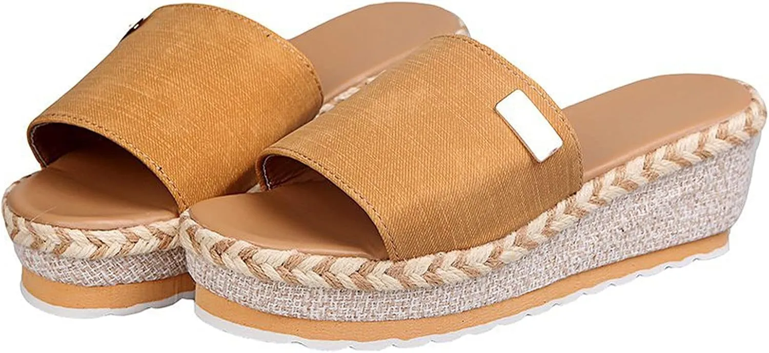 Womens Slip on Wedge Sandals Open Toed Fish Mouth Platform Metal Decoration Slipper Summer Comfortable Casual Beach Shoes Flip Flops