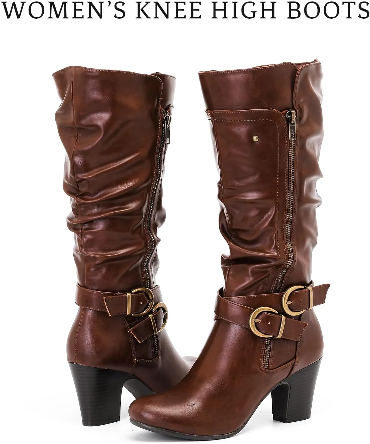 Women's Slouchy Knee High Boots Riding Combat Boots with Chunky Heel,Comfortable and Fashionable for Fall and Winter Wear for Women.