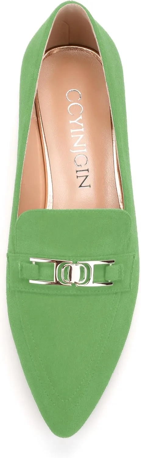 Womens Solid Slip On Pointed Toe Casual Flat Loafer, Metal Chain Loafers for Women Comfortable Fashion Work Flats Shoes