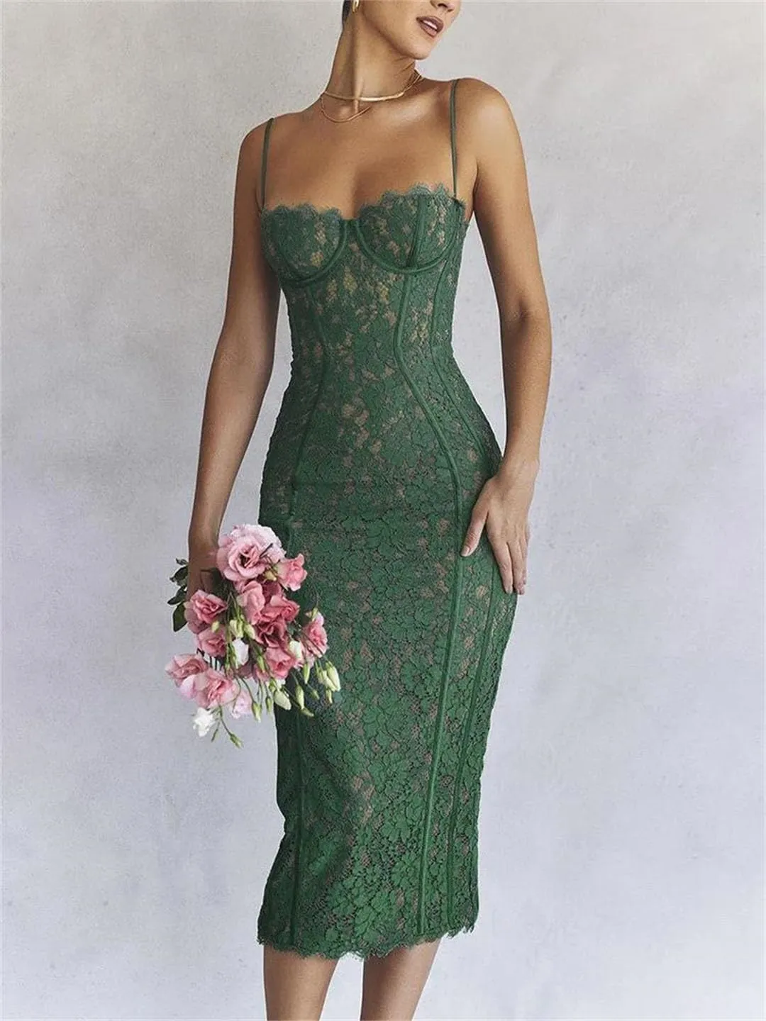 Women's Spaghetti Strap Lace Sexy Midi Dress Sleeveless Backless Club Party Printed Long Dress